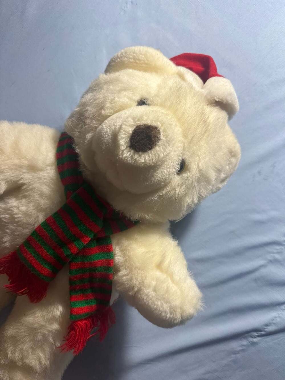 Vintage Christmas White Teddy Bear With Red Hat Scarf